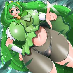 Rule 34 | 10s, 1girl, amano taiki, breasts, cure march, curvy, detached sleeves, female focus, green eyes, green hair, groin, hair ornament, highleg, highleg panties, highres, hip focus, huge breasts, long hair, matching hair/eyes, midorikawa nao, navel, open mouth, panties, precure, see-through, shorts, skirt, skirt flip, smile precure!, solo, standing, thick thighs, thighs, underwear, wide hips
