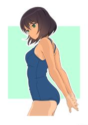 Rule 34 | 1girl, akagi (fmttps), arms behind back, border, breasts, brown hair, cropped legs, dark-skinned female, dark skin, from side, girls und panzer, green background, green eyes, hair between eyes, highres, hoshino (girls und panzer), interlocked fingers, one-piece swimsuit, outside border, school swimsuit, short hair, small breasts, solo, swimsuit, tan, tanline, white border
