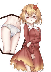 Rule 34 | 1girl, absurdres, aki shizuha, blonde hair, blush, breasts, buttons, cameltoe, clenched hand, commission, crossed bangs, embarrassed, female focus, hair between eyes, hair ornament, half-closed eyes, have to pee, highres, holding own arm, leaf hair ornament, long sleeves, looking at viewer, miniskirt, multiple views, navel, open mouth, panties, red eyes, red shirt, red skirt, shirt, short hair, sidelocks, skeb commission, skirt, small breasts, standing, stomach, textless version, thighs, touhou, tsubakipan, underwear, white background, white panties