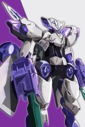 Rule 34 | beguir-beu, gundam, gundam suisei no majo, highres, looking at viewer, masalu kai, mecha, mobile suit, no humans, purple eyes, robot, simple background, solo, standing, two-tone background, weapon