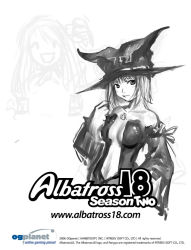 Rule 34 | 2girls, bare shoulders, breasts, cadie, center opening, cleavage, collarbone, concept art, detached sleeves, dress, greyscale, hat, large breasts, long sleeves, looking at viewer, monochrome, multiple girls, navel, no bra, pangya, short hair, simple background, stomach, text focus, tiki (pangya), upper body, white background, witch hat