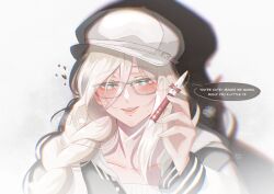 Rule 34 | 1girl, absurdres, aia amare, black jacket, blonde hair, blush, braid, bright pupils, commentary, english commentary, glasses, hat, heart, heart-shaped pupils, highres, holding, holding pen, hood, hood down, hooded jacket, jacket, letterman jacket, looking at viewer, mei (hiimeiree), nijisanji, nijisanji en, parted lips, pen, portrait, shadow, shirt, smile, solo, symbol-shaped pupils, virtual youtuber, white hat, white pupils, white shirt