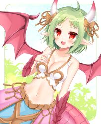 Rule 34 | 1girl, :d, bare shoulders, bow, breasts, brown bow, cleavage, collarbone, commission, dragon girl, dragon horns, dragon tail, dragon wings, dutch angle, forehead, green hair, hand up, highres, horn bow, horn ornament, horns, medium breasts, navel, open mouth, original, parted bangs, pink wings, pointy ears, red eyes, scales, shikito (yawa0w0), skeb commission, smile, solo, tail, wings