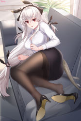 Rule 34 | 1girl, :d, absurdres, arknights, ass, bad id, bad pixiv id, black footwear, black ribbon, black skirt, breasts, brown pantyhose, closed mouth, couch, hair ribbon, high heels, highres, indoors, large breasts, lingshalan, long hair, long sleeves, looking at viewer, low-tied long hair, lying, miniskirt, office lady, on couch, on side, open mouth, panties, panties under pantyhose, pantyhose, pencil skirt, plant, potted plant, red eyes, ribbon, shirt, signature, skirt, smile, solo, thighband pantyhose, underwear, very long hair, weedy (arknights), white hair, white panties, white shirt