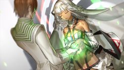 Rule 34 | 1boy, 1girl, altera (fate), back, bare shoulders, black nails, brown hair, choker, closed eyes, closed mouth, dark-skinned female, dark skin, detached sleeves, duplicate, fate/extella, fate/extra, fate (series), game cg, glowing, highres, holding hands, kishinami hakuno (male), long sleeves, looking at another, nail polish, non-web source, official art, photoshop (medium), shadow, standing, veil, wada arco, white hair