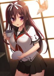 Rule 34 | 1girl, :d, black skirt, blurry, blush, breasts, brown hair, collarbone, cowboy shot, cup, depth of field, hair ribbon, highres, holding, holding cup, holding tray, large breasts, long hair, looking at viewer, miniskirt, neckerchief, open mouth, origami, original, paper crane, pink eyes, pleated skirt, ribbon, school uniform, serafuku, short sleeves, skirt, smile, solo, sunlight, tray, white ribbon, yuzu modoki