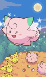 Rule 34 | alternate color, clefairy, creatures (company), ditto, full moon, game freak, gen 1 pokemon, moon, nintendo, outdoors, pikachu, poke ball, poke ball (basic), pokemon, pokemon (creature), pokemon move, premier ball, shiny and normal, shiny pokemon, sparkle, standing, transformed ditto