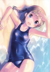 Rule 34 | 1girl, absurdres, blue eyes, blue one-piece swimsuit, brown hair, day, highres, one-piece swimsuit, original, school swimsuit, solo, swept bangs, swimsuit, takoyaki (roast), thighs