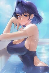 Rule 34 | 1girl, blue eyes, blue hair, blue nails, blue one-piece swimsuit, blue sky, breasts, cleavage, closed mouth, day, earrings, elbow rest, fence, hair intakes, highres, hip vent, hololive, hololive english, jewelry, large breasts, one-piece swimsuit, ouro kronii, partially submerged, pool, short hair, sky, solo, swimsuit, tommy (kingdukeee), upper body, virtual youtuber, water, wet