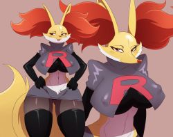 Rule 34 | 1girl, alternate color, cameltoe, cosplay, covered erect nipples, creatures (company), crop top, delphox, eric lowery, furry, furry female, game freak, gen 6 pokemon, highres, jessie (pokemon), jessie (pokemon) (cosplay), midriff, navel, nintendo, pantyhose, pokemon, pokemon (anime), pokemon xy, skirt, solo, stomach, thigh gap, thighhighs, undershirt, wide hips