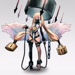 Rule 34 | 1girl, angel, angel wings, black sleeves, black thighhighs, blonde hair, blue eyes, breasts, chain, chained, chained wrists, cuffs, detached sleeves, feathered wings, full body, hakusyokuto, highres, leotard, lock, long hair, looking at viewer, medium breasts, original, shackles, single detached sleeve, standing, thighhighs, twintails, very long hair, white leotard, white wings, wings