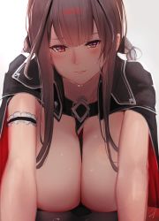 Rule 34 | 1girl, arm strap, bare arms, bare shoulders, between breasts, blunt bangs, blush, breasts, breasts out, brown hair, cape, commentary request, dsr-50 (girls&#039; frontline), girls&#039; frontline, hair ornament, hayabusa (vert 320), highres, jewelry, large breasts, lips, long hair, looking at viewer, necktie, necktie between breasts, parted lips, red eyes, sidelocks, signature, slit pupils, smile, solo, sweat, sweatdrop, very long hair