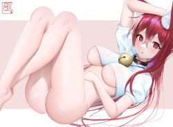 Rule 34 | 1girl, animal ears, ass, bare legs, barefoot, bell, breasts, cat ears, collar, crop top, kono (xerondan321), large breasts, long hair, neck bell, open mouth, original, panties, red eyes, red hair, shirt, short sleeves, simple background, underwear, white background