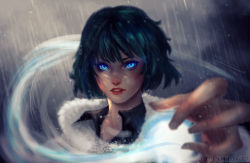 Rule 34 | 1girl, black dress, blue eyes, coat, dress, fubuki (one-punch man), fur coat, fur trim, glowing, glowing eyes, green dress, green hair, jacket, jacket on shoulders, looking at viewer, one-punch man, outstretched arm, outstretched hand, red lips, short hair, telekinesis, trung doan