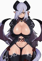 Rule 34 | 1girl, absurdres, arms under breasts, black thighhighs, breasts, cleavage, cleavage cutout, closed mouth, clothing cutout, commission, crossed arms, demon girl, demon horns, demon tail, demon wings, earrings, gluteal fold, grey hair, hair over one eye, highres, horns, jewelry, large breasts, lilim (monster girl encyclopedia), long hair, looking at viewer, mano (manobece), monster girl encyclopedia, navel, pointy ears, red eyes, revealing clothes, segmented horns, simple background, smile, solo, standing, tail, thighhighs, thong, underwear, wings