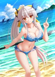 Rule 34 | 1girl, bare shoulders, beach, bikini, blue bikini, blue sky, bow, bow bikini, breasts, cleavage, cloud, collarbone, commentary, day, dolphin, dutch angle, fate/grand order, fate (series), glint, hair bow, highres, horns, index finger raised, kazenokaze, kiyohime (fate), kiyohime (swimsuit lancer) (third ascension) (fate), large breasts, leaning forward, light rays, long hair, looking at viewer, navel, ocean, orange eyes, outdoors, polearm, ponytail, sky, smile, solo, spear, sunbeam, sunlight, swimsuit, thighs, very long hair, water, weapon, white hair, yellow bow