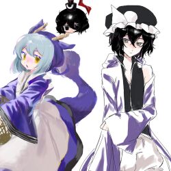 Rule 34 | 1girl, 2others, androgynous, apron, black eyes, black hair, black hat, black shirt, blue dress, blush, brown horns, chinese commentary, closed mouth, coat, commentary request, crossover, dragon girl, dress, duel monster, gas wf, grey eyes, hat, horns, laundry dragonmaid, len&#039;en, long sleeves, mob cap, multiple others, nose blush, open clothes, open coat, purple coat, senri tsurubami, shirt, shitodo kuroji, short hair, shorts, simple background, sleeveless, sleeveless shirt, tate eboshi, white apron, white background, white shorts, wide sleeves, yellow eyes, yu-gi-oh!