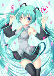 Rule 34 | 1girl, ;), bare shoulders, black skirt, black sleeves, black thighhighs, blush, breasts, closed mouth, collared shirt, copyright name, detached sleeves, fingernails, green eyes, green hair, green nails, green necktie, grey shirt, hair between eyes, hair ornament, hands up, hatsune miku, headset, heart, index finger raised, long hair, long sleeves, looking at viewer, medium breasts, meiya neon, nail polish, necktie, ok sign, one eye closed, pleated skirt, shirt, skirt, sleeveless, sleeveless shirt, smile, solo, standing, standing on one leg, thighhighs, twintails, very long hair, vocaloid, wide sleeves