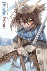 Rule 34 | 1girl, absurdres, adapted costume, arknights, blue scarf, brown eyes, brown hair, crossed arms, feather hair, glasses, hair between eyes, highres, holding, holding sword, holding weapon, jewelry, ring, round eyewear, scarf, short hair, short sword, silence (arknights), solo, staff, sword, the lord of the rings, the one ring, tolkien&#039;s legendarium, tolkien's legendarium, weapon, zhengqi zhizi sg