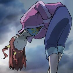 Rule 34 | 1boy, ace attorney, ace attorney investigations, ace attorney investigations 2, blue shirt, bowing, closed eyes, jacket, long hair, long sleeves, male focus, minashirazu, open mouth, pants, pants rolled up, partially unzipped, pink jacket, red hair, sarushiro souta, shirt, sky, solo