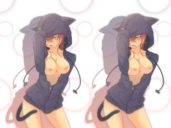 Rule 34 | 1girl, animal ears, azukilib, black jacket, black ribbon, blush, breasts, breasts out, brown hair, cat ears, cat tail, collarbone, cowboy shot, drop shadow, fang, female focus, gluteal fold, hair between eyes, hair ribbon, heart, heart-shaped pupils, hood, hoodie, jacket, light blush, long sleeves, looking at viewer, medium breasts, multiple views, naked hoodie, nipples, open mouth, original, pink eyes, ribbon, simple background, sleeves past wrists, standing, stereogram, symbol-shaped pupils, tail, textless version, twintails, unzipped, white background, zipper pull tab