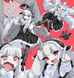 Rule 34 | 1girl, :d, black pantyhose, blunt bangs, bow, bowtie, drill hair, fang, fangs, grey hair, grin, hairband, highres, injury, knees together feet apart, long hair, looking at viewer, open mouth, original, pantyhose, pitteoggamja (cyocyo 1234), red background, red eyes, simple background, smile, teeth, very long hair