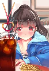 Rule 34 | 10s, 1girl, aonaga heri, blurry, blush, brown hair, collarbone, cup, depth of field, drink, drinking glass, drinking straw, eyebrows, food, french fries, heart, hood, hooded jacket, ice, ice cube, idolmaster, idolmaster cinderella girls, jacket, kamiya nao, light frown, long hair, looking at viewer, open clothes, open jacket, red eyes, rink, solo, sweat