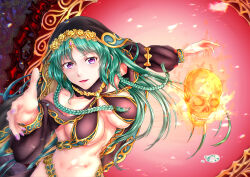 Rule 34 | 1girl, absurdres, arabian clothes, bare shoulders, bikini, braid, breasts, cleavage, collarbone, commentary request, cowboy shot, detached sleeves, fate/grand order, fate (series), flaming skull, floating skull, green hair, harem outfit, highres, jewelry, large breasts, long hair, looking at viewer, low twin braids, navel, no mole, outstretched arms, parted bangs, parted lips, partial commentary, purple bikini, purple eyes, purple nails, purple sleeves, purple veil, salome (fate), shoukaze (syoubu0615), sidelocks, skull, solo, standing, stomach, swimsuit, twin braids, veil