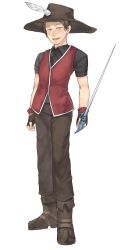 Rule 34 | 1boy, ankle boots, boots, brown footwear, collared shirt, final fantasy, full body, green eyes, hat, highres, holding, holding sword, holding weapon, kangda-nim, looking at viewer, male focus, open mouth, original, red mage (final fantasy), shirt, short sleeves, simple background, solo, standing, sword, vest, weapon, white background