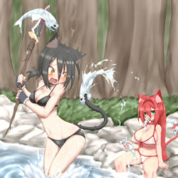 Rule 34 | animal ears, bikini, biting, black hair, blood, blush, breasts, cat ears, cat tail, cleavage, eating, fish, green eyes, highres, large breasts, long hair, navel, open mouth, original, outdoors, partially submerged, polearm, rafoll, red hair, sitting, spear, swimsuit, tail, water, weapon, wet