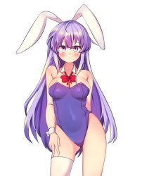 Rule 34 | 1girl, animal ears, arm behind back, bare arms, bare shoulders, blush, bow, bowtie, breasts, collarbone, commentary request, contrapposto, cowboy shot, detached collar, erina (rabi-ribi), fake animal ears, hair between eyes, hand on own thigh, highres, korean commentary, kosobin, large breasts, leotard, long hair, looking at viewer, playboy bunny, purple eyes, purple hair, purple leotard, rabbit ears, rabi-ribi, red bow, red bowtie, simple background, single thighhigh, solo, thighhighs, very long hair, white background, white thighhighs, wrist cuffs
