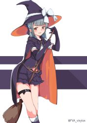 Rule 34 | 1girl, absurdres, alternate costume, anchor symbol, black gloves, blush, boots, bow, bowtie, broom, cape, commentary request, elbow gloves, folded ponytail, gloves, grey hair, hair bow, half updo, halloween, halloween costume, hat, hat bow, highres, holding, holding broom, kantai collection, kneehighs, long hair, looking at viewer, open mouth, ponytail, puffy short sleeves, puffy sleeves, short sleeves, simple background, skirt, smile, socks, solo, thigh strap, twitter username, uut, white background, witch, witch hat, yuubari (kancolle)