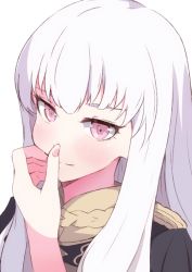 Rule 34 | 1girl, bad id, bad pixiv id, black jacket, blush, closed mouth, enelis, eyebrows hidden by hair, fingernails, fire emblem, fire emblem: three houses, hand to own mouth, hand up, jacket, long hair, looking at viewer, lysithea von ordelia, nintendo, pink eyes, silver hair, simple background, smile, solo, tsurime, upper body, white background