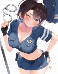 Rule 34 | 1girl, absurdres, belt, black belt, black gloves, black hair, blue eyes, blue hat, blue shirt, blue skirt, blush, breasts, cleavage, commentary request, cowboy shot, crop top, cuffs, fingerless gloves, gloves, grin, hand on own hip, hand up, handcuffs, hat, head tilt, highres, holding, holding handcuffs, hololive, kuno (kc9s), large breasts, looking at viewer, midriff, miniskirt, navel, one eye closed, oozora subaru, peaked cap, pencil skirt, police, police uniform, shirt, short hair, short sleeves, simple background, skirt, smile, solo, standing, stomach, uniform, virtual youtuber, white background