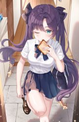 Rule 34 | 1girl, absurdres, adjusting footwear, alternate costume, aqua eyes, bag, black hair, black ribbon, black skirt, blue bow, blue bowtie, blush, bow, bowtie, bread slice, brown footwear, collared shirt, commentary request, dress shirt, food, food in mouth, genshin impact, hair ornament, hair ribbon, highres, holding, holding food, leg up, lisa 78, loafers, long hair, looking at viewer, mona (genshin impact), mouth hold, one eye closed, pleated skirt, ribbon, school bag, school uniform, shirt, shoes, short sleeves, shoulder bag, skirt, solo, standing, standing on one leg, star (symbol), star hair ornament, toast, toast in mouth, twintails, very long hair, white shirt, wooden floor