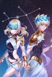 Rule 34 | 1boy, 1girl, armlet, armor, artist request, backless outfit, black shirt, blonde hair, blue eyes, blush, bracer, breasts, brother and sister, castor (fate), closed mouth, collar, constellation, diadem, fate/grand order, fate (series), gemini (constellation), highres, holding hands, interlocked fingers, looking at viewer, medium hair, metal collar, open mouth, pauldrons, pollux (fate), robe, shirt, short hair, shoulder armor, siblings, small breasts, star (sky), twins, white robe