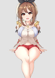 Rule 34 | 1girl, absurdres, anpanmen (anpanmenkosian), arm support, arms at sides, atelier (series), atelier ryza, atelier ryza 1, bare legs, beret, blush, bow, breasts, brown bow, brown eyes, brown hair, cleavage, collarbone, detached sleeves, fang, foreshortening, grey background, hair ornament, hairclip, hat, highres, hood, jewelry, large breasts, legs together, looking at viewer, navel, necklace, open mouth, red shorts, reisalin stout, shirt, short hair, short shorts, shorts, simple background, sitting, sleeveless, sleeveless shirt, smile, solo, star (symbol), tareme, thighs, tongue, white shirt