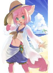 Rule 34 | 1boy, absurdres, animal ears, beach, blue eyes, body fur, cat ears, cat tail, day, fang, furry, furry male, hat, highres, kishibe, lionel eleonore de chienia, lionel eleonore de chienia (channel), male focus, open mouth, outdoors, pink hair, short hair, shorts, solo, standing, tail, trap, virtual youtuber