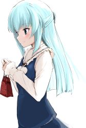 Rule 34 | 1girl, alice gear aegis, bag, blue dress, blue eyes, blue hair, blush, closed mouth, commentary request, dress, gift bag, hair between eyes, hair ornament, highres, holding, holding bag, long hair, long sleeves, looking away, momo (higanbana and girl), ochanomizu mirie, pom pom (clothes), shirt, simple background, sleeveless, sleeveless dress, sleeves past wrists, smile, solo, very long hair, white background, white shirt