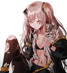 Rule 34 | 1girl, black skirt, blood, blood on face, damaged, dirty, girls&#039; frontline, hair between eyes, hair ornament, hood, hood down, hooded jacket, jacket, knee up, light brown hair, long hair, looking at viewer, mechanical arms, mod3 (girls&#039; frontline), one-eyed, one side up, open clothes, open jacket, open mouth, open shirt, pantyhose, pleated skirt, scar, scar across eye, scar on face, shirt, sidelocks, silence girl, simple background, single mechanical arm, sitting, skirt, thigh strap, torn clothes, torn legwear, torn shirt, ump45 (girls&#039; frontline), ump45 (mod3) (girls&#039; frontline), white background, yellow eyes
