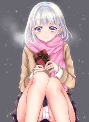 Rule 34 | 1girl, bad id, bad pixiv id, black skirt, blue eyes, blush, breath, brown sweater, closed mouth, gift, grey background, hamu (plot sy), highres, holding, holding gift, knees up, looking at viewer, panties, pantyshot, pink panties, pink scarf, pleated skirt, scarf, shironeko project, silver hair, sitting, skirt, smile, solo, sparkle, sweater, tareme, underwear, upskirt, valentine
