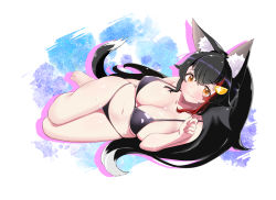 Rule 34 | 1girl, animal ear fluff, animal ears, barefoot, bikini, black bikini, black hair, breasts, cleavage, closed mouth, commentary request, full body, grey hair, hair between eyes, hair ornament, highres, hololive, kani bonara, large breasts, long hair, lying, multicolored hair, navel, on side, ookami mio, red hair, sidelocks, smile, solo, streaked hair, swimsuit, tail, virtual youtuber, white hair, wolf ears, wolf girl, wolf tail, yellow eyes