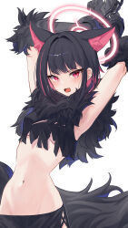 1girl animal_ears armpits arms_up black_hair blue_archive breasts cat_ears colored_inner_hair commentary extra_ears fang halloween halo highres kazusa_(blue_archive) kazusa_(halloween)_(blue_archive) looking_at_viewer medium_breasts multicolored_hair navel official_alternate_costume open_mouth pink_hair pink_halo ranyu short_hair simple_background skin_fang solo stomach tail two-tone_hair underboob white_background