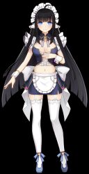 Rule 34 | 1girl, absurdres, ahoge, apron, black hair, black skirt, blue eyes, blue footwear, blue ribbon, breasts, cleavage, cleavage cutout, closed mouth, clothing cutout, frilled apron, frills, full body, garter straps, hand on own chest, highres, large breasts, long hair, looking at viewer, madi (master of eternity), maid, maid apron, maid headdress, master of eternity, midriff, navel, official art, ribbon, side slit, skirt, smile, solo, straight-on, straight hair, tachi-e, thighhighs, third-party source, transparent background, very long hair, waist apron, white garter straps, white thighhighs, white wrist cuffs, wrist cuffs, zettai ryouiki
