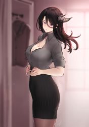 Rule 34 | 1girl, black bra, black hair, black skirt, blue eyes, blurry, bra, breasts, cleavage, collarbone, collared shirt, commentary request, demon girl, demon horns, depth of field, formal, from side, grey shirt, hair between eyes, hayabusa, highres, horns, indoors, large breasts, lips, long hair, looking at viewer, mole, mole on breast, mole under mouth, office lady, original, pantyhose, pencil skirt, ribbed skirt, shirt, shirt tucked in, short sleeves, signature, skirt, solo, underwear