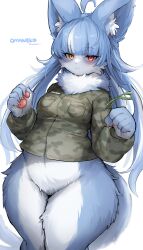 Rule 34 | 1boy, absurdres, animal ear fluff, animal ears, animal nose, blue fur, blue hair, body fur, breasts, camouflage, camouflage jacket, camouflage shirt, character name, closed mouth, furry, furry male, green jacket, green shirt, heterochromia, highres, jacket, japan air self-defense force omaezaki sub-base, long hair, looking at viewer, medium breasts, multicolored hair, omaneko, red eyes, shirt, simple background, snout, solo, standing, suurin (ksyaro), tail, thick thighs, thighs, trap, two-tone fur, two-tone hair, white background, white hair, yellow eyes
