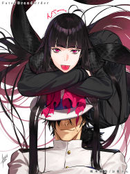 Rule 34 | 1boy, 1girl, :p, azusa (hws), black hair, character name, copyright name, crossed arms, fate/grand order, fate (series), fedora, hat, long hair, low ponytail, military, military uniform, on head, oryou (fate), pink eyes, sakamoto ryouma (fate), scarf, sweatdrop, tongue, tongue out, uniform, very long hair