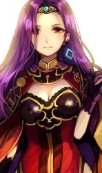 Rule 34 | 1girl, black gloves, breasts, brown eyes, cleavage, closed mouth, dress, earrings, fire emblem, fire emblem echoes: shadows of valentia, gloves, hair over one eye, jewelry, jurge, long hair, medium breasts, nintendo, parted bangs, purple hair, simple background, solo, sonya (fire emblem gaiden), tiara, upper body, very long hair, white background