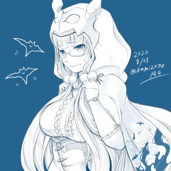 Rule 34 | 1girl, bat (animal), blue background, blue theme, breasts, cloak, corset, dated, embarrassed, glasses, highres, hood, kamizono (spookyhouse), large breasts, lineart, long hair, looking down, original, tearing up
