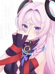 1girl bare_shoulders black_gloves black_leotard blue_eyes blush braid breasts citlali_(genshin_impact) closed_mouth facial_mark floating_hair_ornament forehead_mark genshin_impact gloves highres leotard long_hair looking_at_viewer pink_hair pink_pupils red_ribbon ribbon ring_hair_ornament sleeveless_leotard solo triangle triangle_facial_mark tsyumaru_(tyuryumaryu) twin_braids white_background